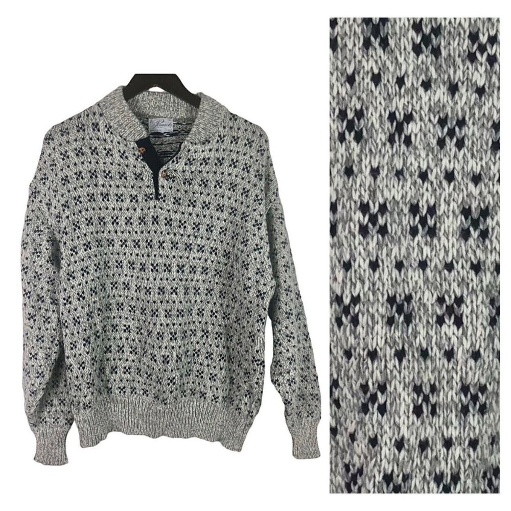 Vtg Pinnacle XL Sweater Pullover Ski Nordic Fair Isle Gray Blue USA